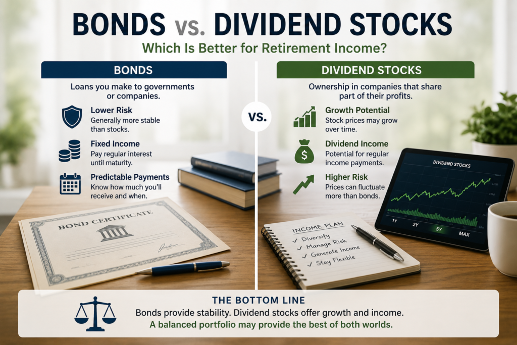 Retired investor comparing bonds and dividend stocks while planning a balanced retirement income strategy.