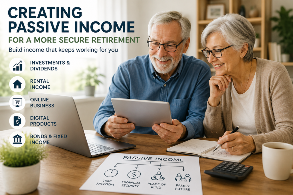 Retired couple reviewing investments and passive income ideas for long-term financial security.