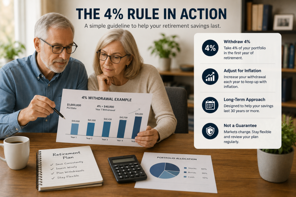 Retired couple reviewing retirement withdrawal plans and the 4% rule with financial documents.