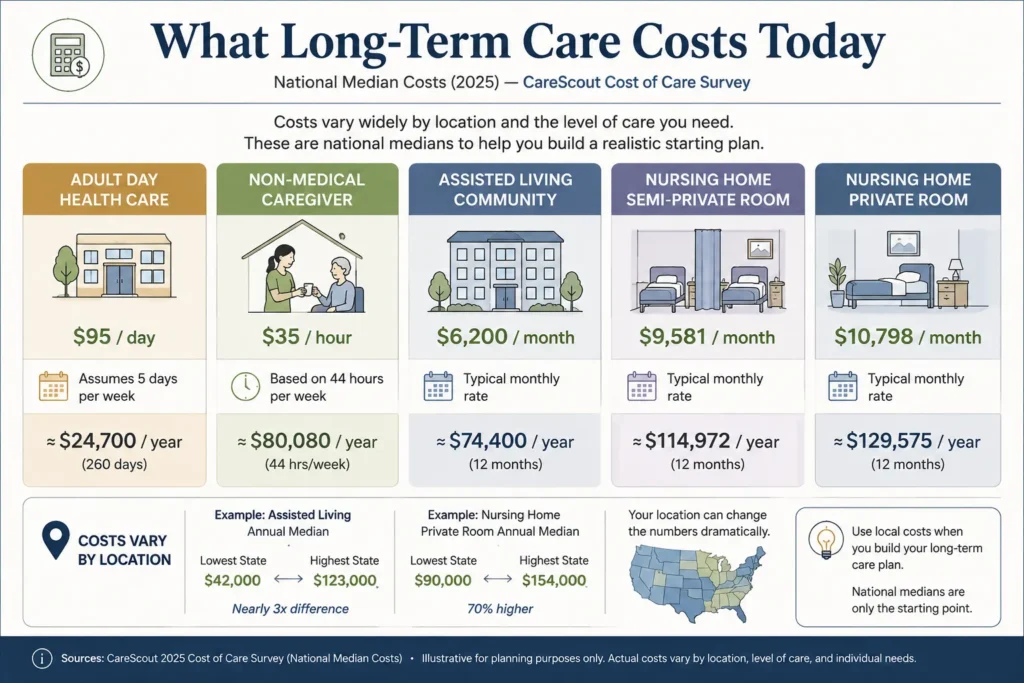 2025 long-term care costs for assisted living, home care, and nursing home care