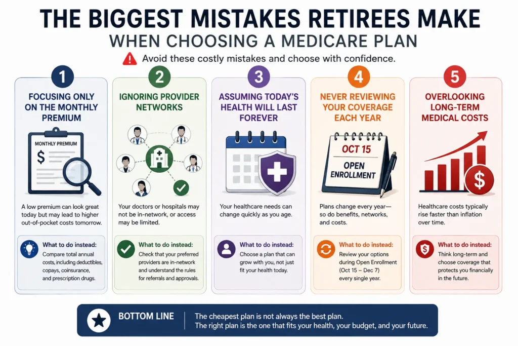 Infographic explaining the most common mistakes retirees make when selecting Medicare coverage.