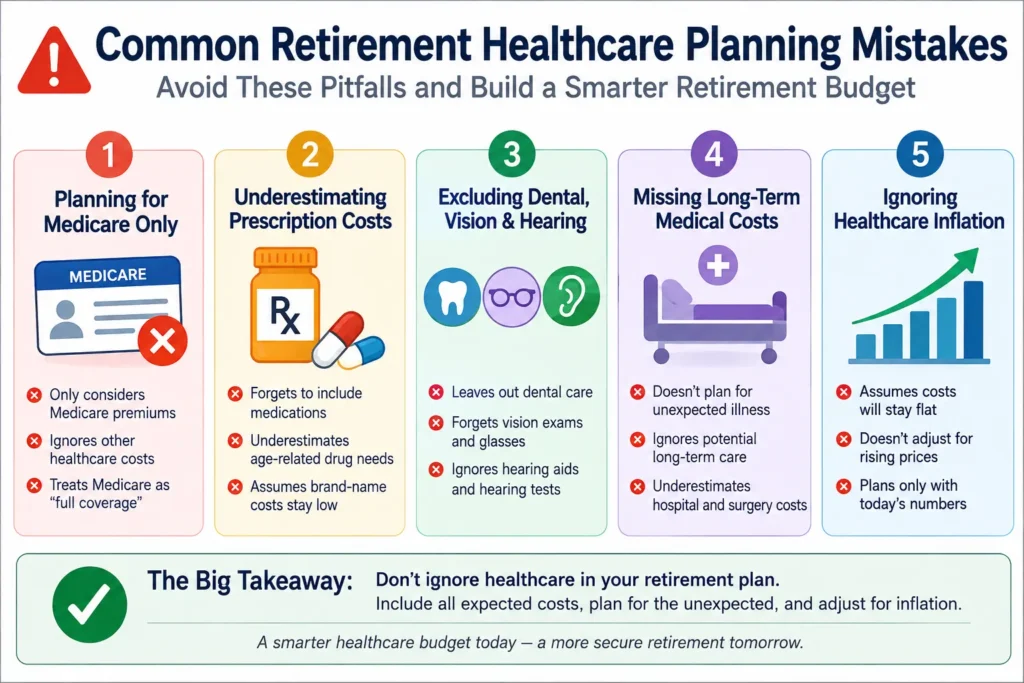 Infographic showing the most common retirement healthcare planning mistakes and how to avoid them.
