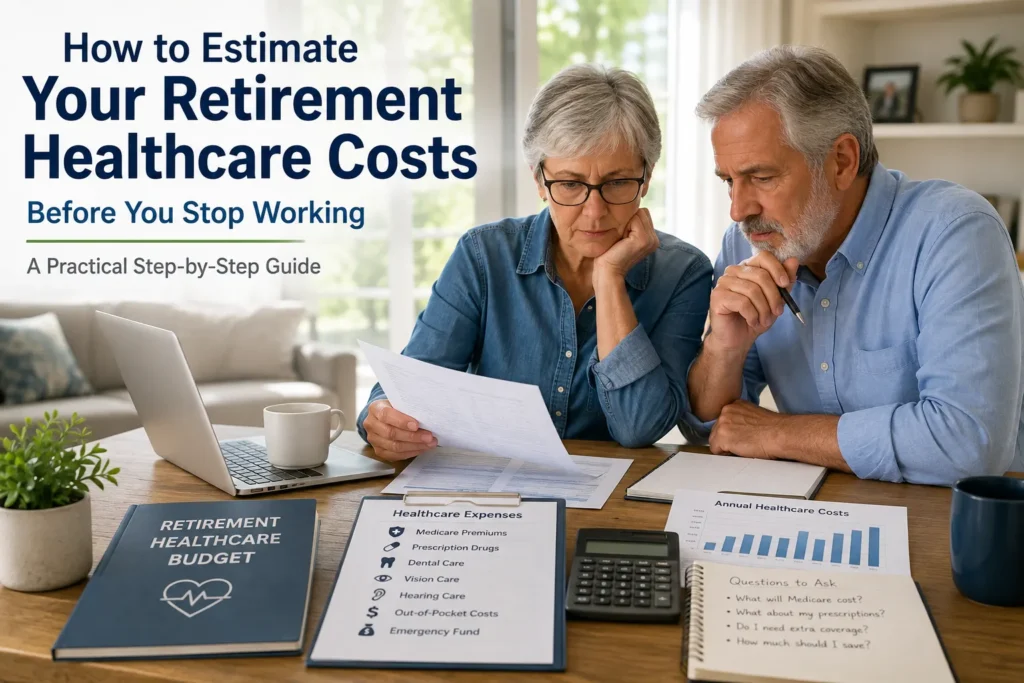 Retired couple reviewing healthcare expenses and building a retirement healthcare budget before leaving work.