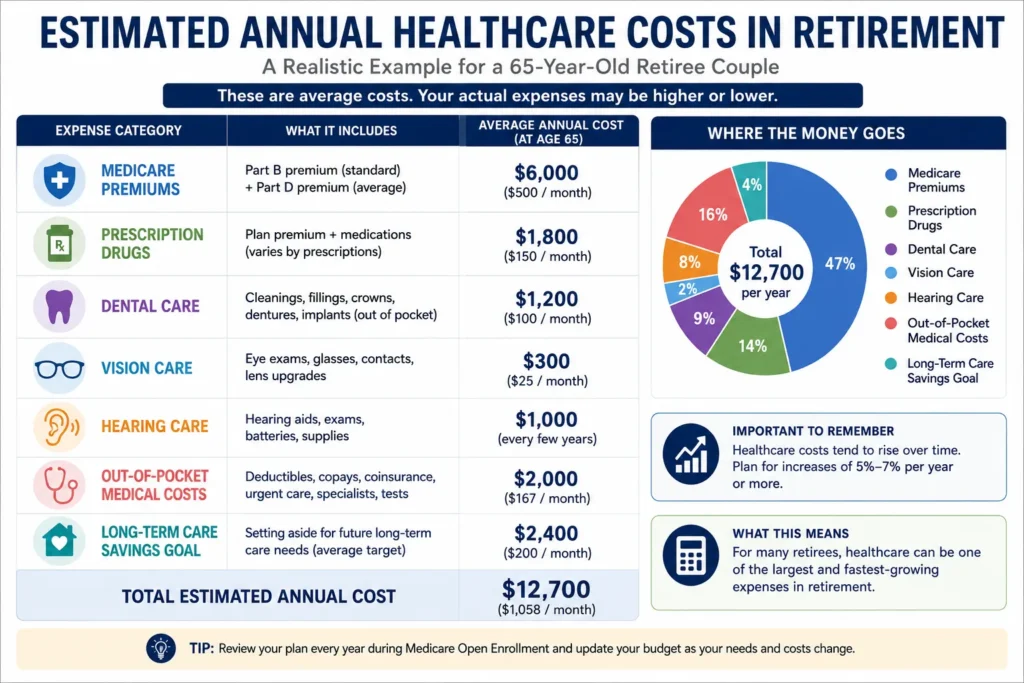 Example annual retirement healthcare budget showing Medicare premiums, prescriptions, dental, vision, hearing, and out-of-pocket expenses.