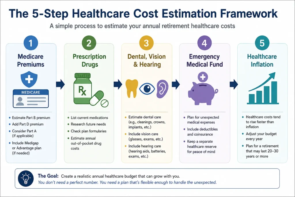 Five-step framework for estimating retirement healthcare costs including Medicare, prescriptions, emergency savings, and healthcare inflation.