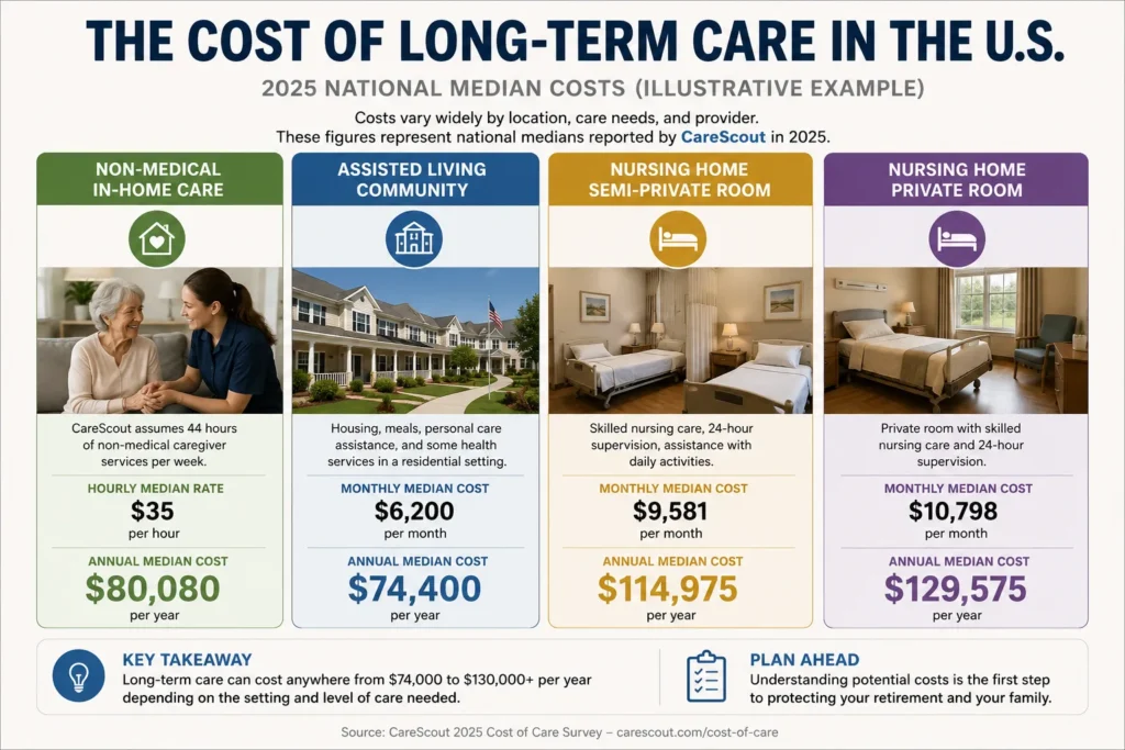 2025 long-term care cost comparison for in-home care, assisted living, and nursing home care in the United States.