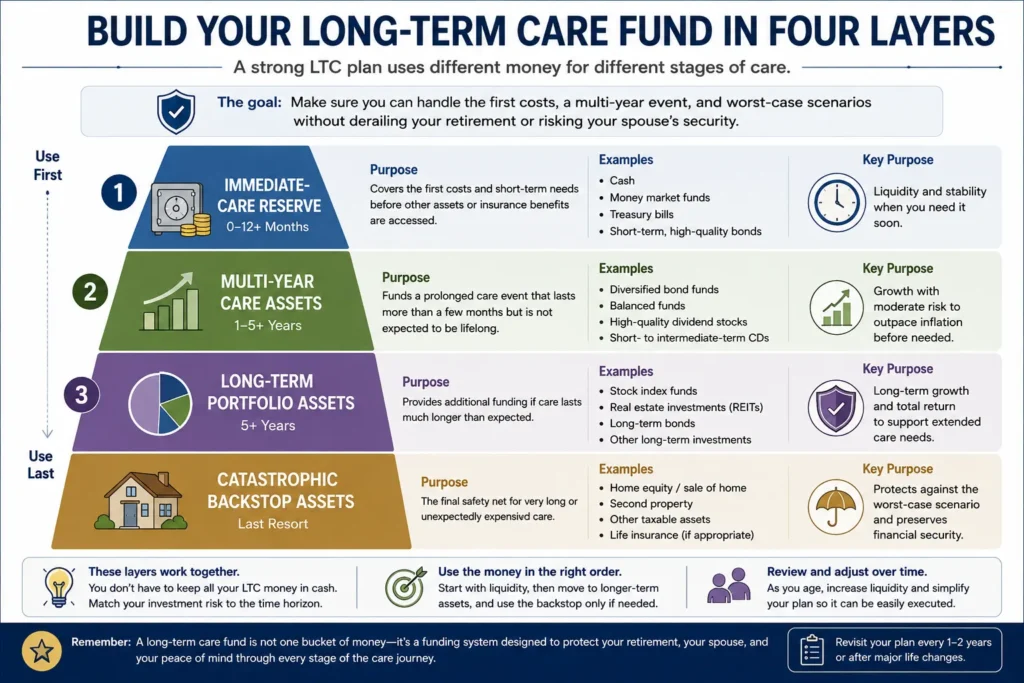 Four-layer long-term care fund strategy using liquid assets, portfolio assets, income, and home equity