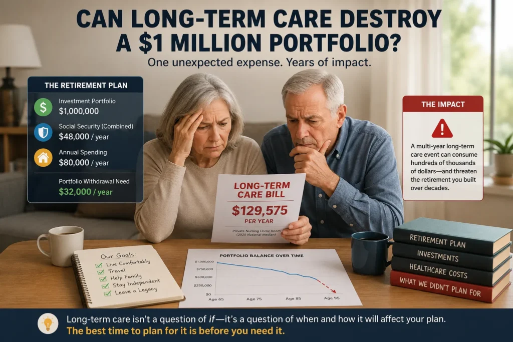 Long-term care retirement portfolio planning for a retired couple facing high nursing home costs.