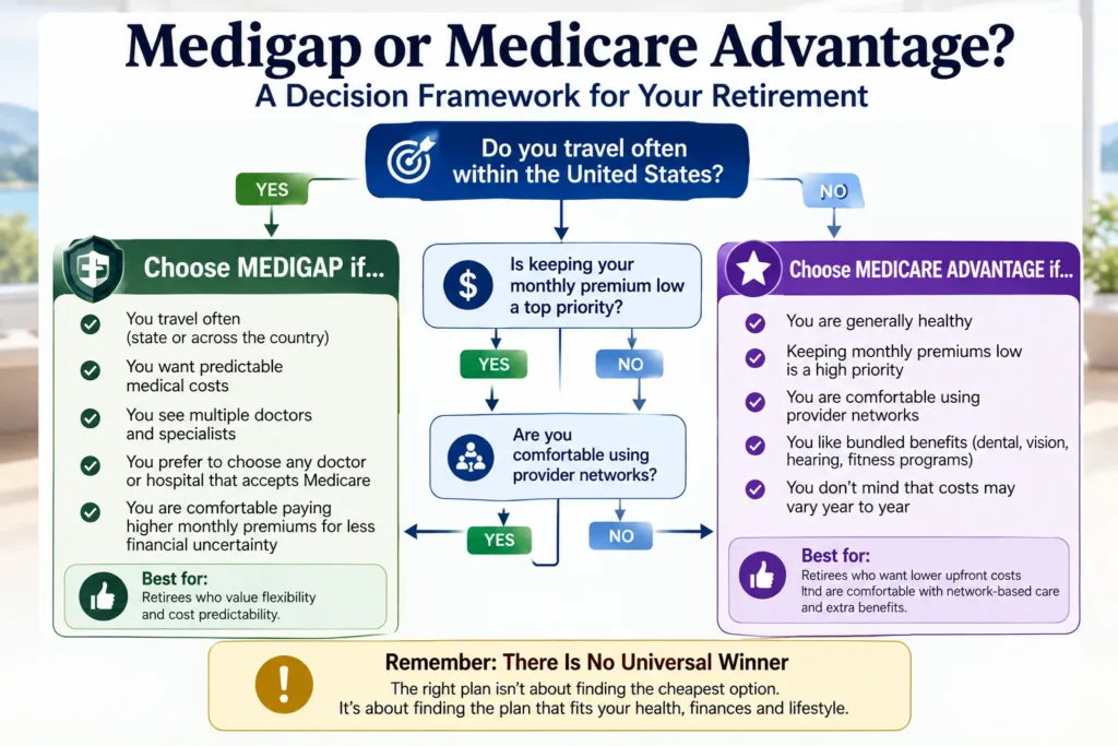 Decision tree helping retirees choose between Medigap and Medicare Advantage based on healthcare needs, travel, and budget.