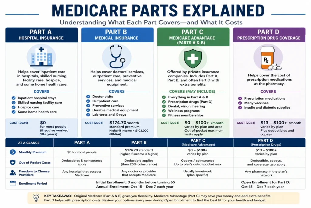 Infographic explaining Medicare Part A, Part B, Medicare Advantage Part C, and Part D prescription drug coverage.