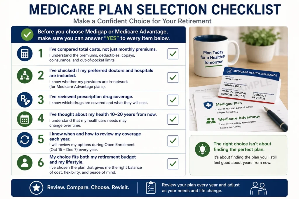 Retirement checklist for choosing between Medigap and Medicare Advantage based on costs, doctors, prescriptions, and lifestyle.