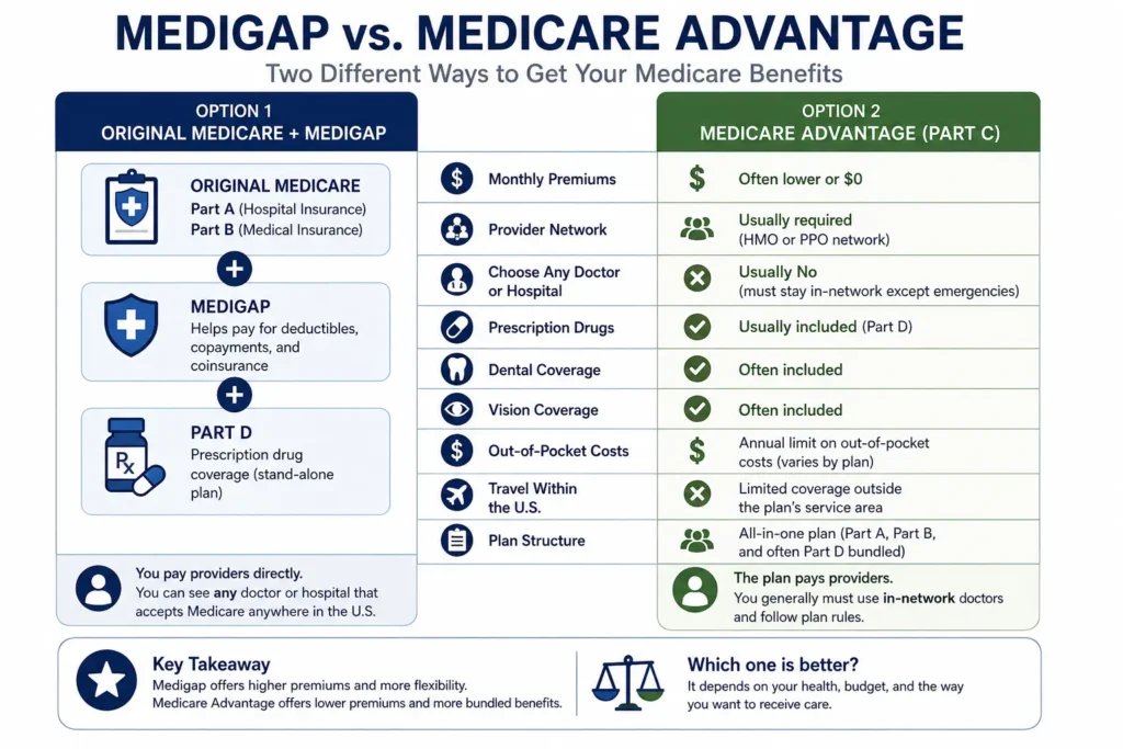Comparison chart showing the differences between Original Medicare with Medigap and Medicare Advantage.