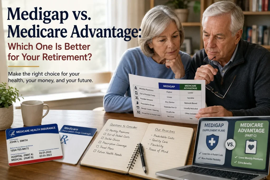 Retired couple comparing Medigap and Medicare Advantage plans before choosing Medicare coverage.