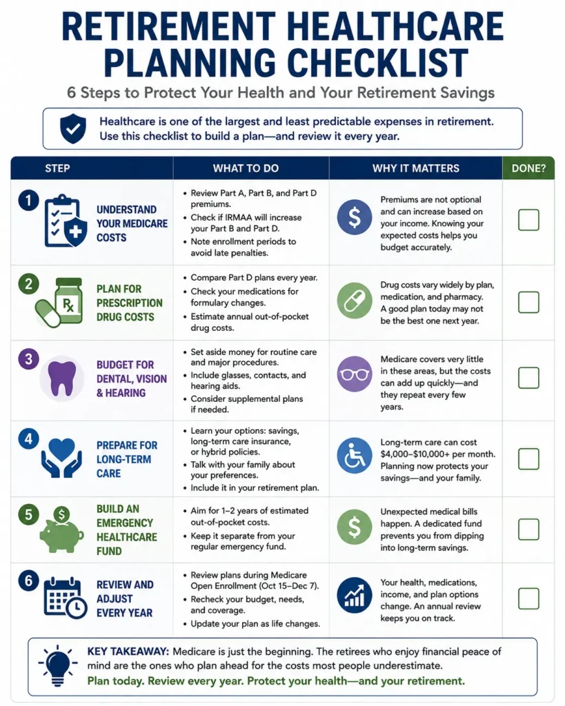 Checklist for estimating Medicare costs, planning for uncovered services, building medical savings, and reviewing coverage annually.