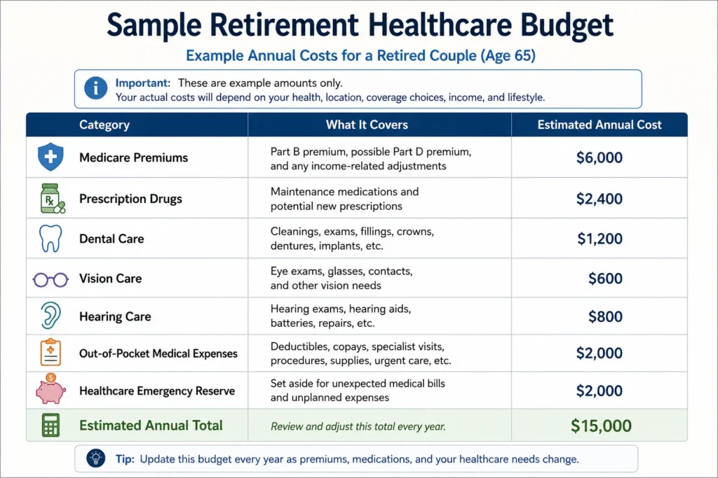 Example retirement healthcare budget showing Medicare premiums, prescriptions, dental, vision, hearing, emergency savings, and annual healthcare expenses.