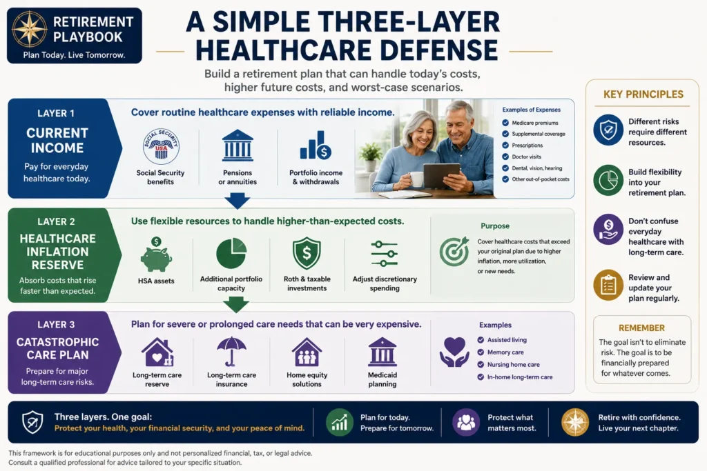 Three-layer retirement healthcare plan using current income, healthcare inflation reserve, and long-term care funding