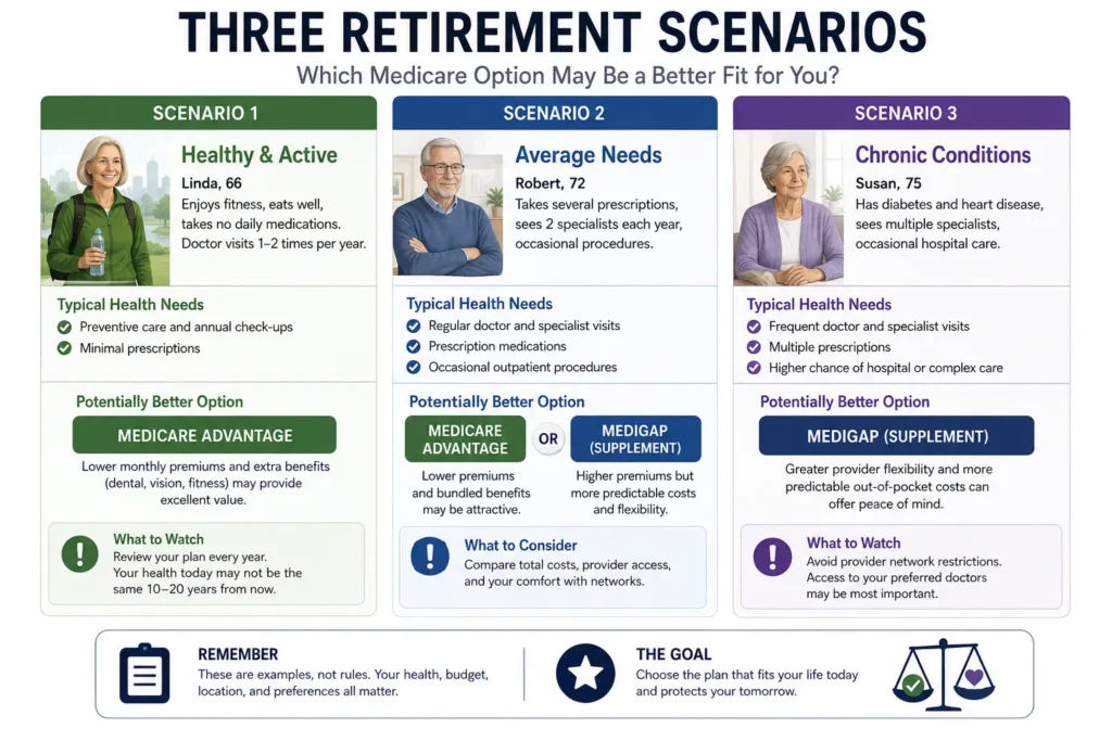 Comparison of healthy, average, and chronic-condition retirees to illustrate which Medicare option may fit different healthcare needs.