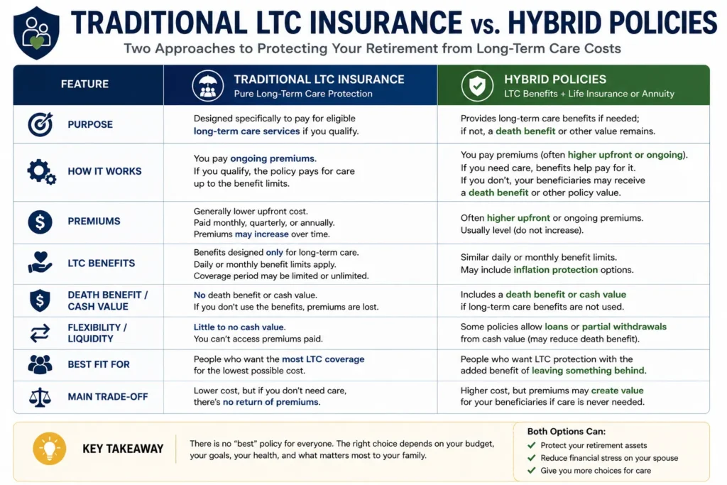 Comparison of traditional long-term care insurance and hybrid policies including costs, benefits, flexibility, and trade-offs.