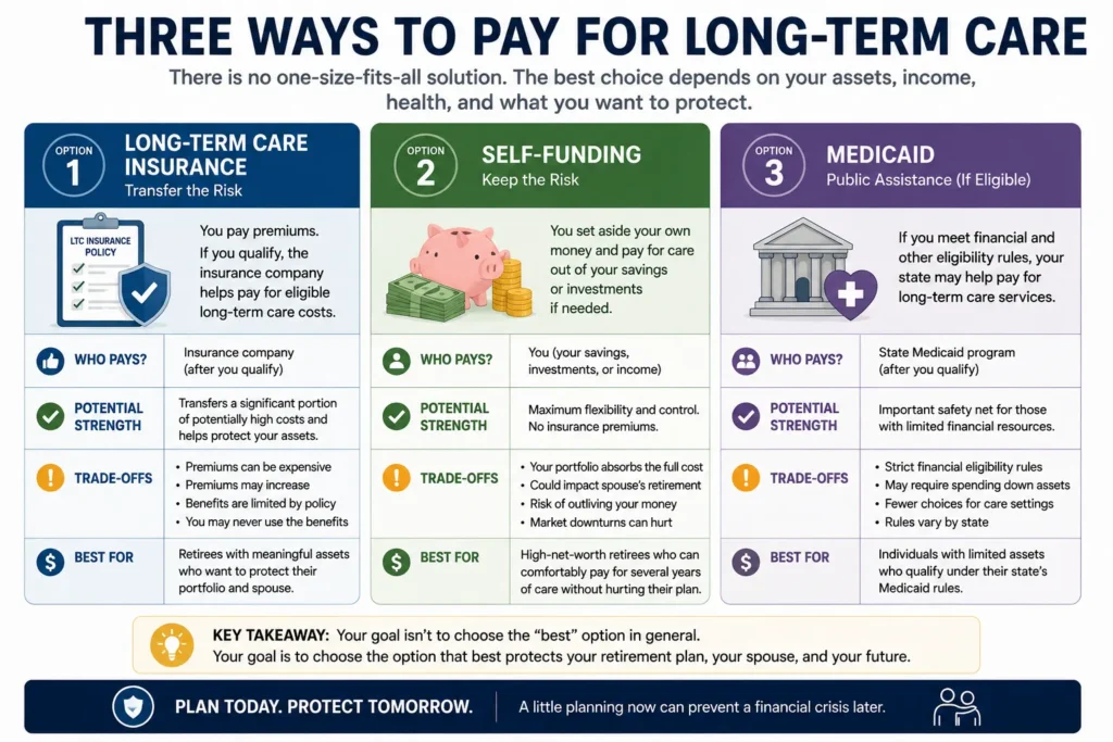 Comparison of long-term care insurance, self-funding, and Medicaid as ways to pay for long-term care.