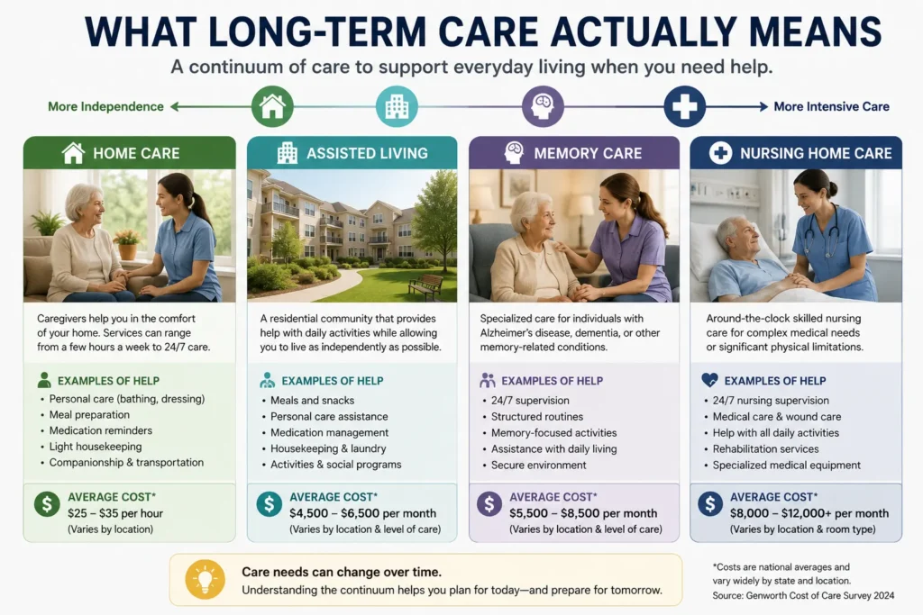 Infographic comparing home care, assisted living, memory care, and nursing home care for retirees.