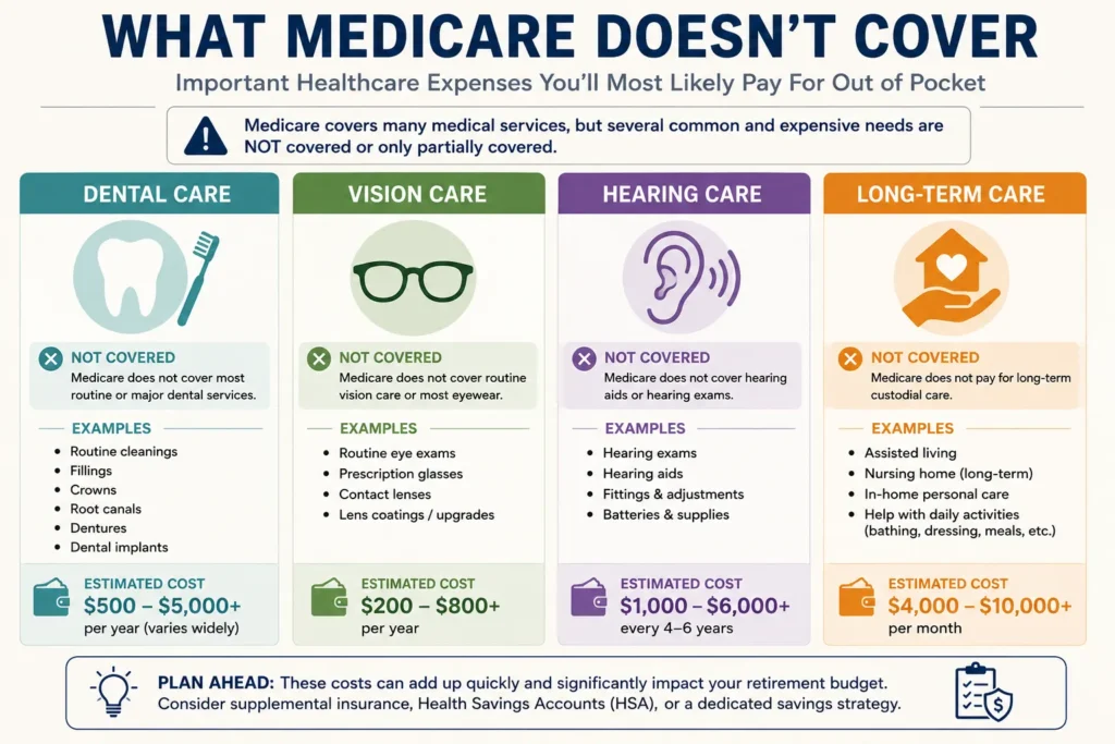 Infographic showing dental, vision, hearing, and long-term care expenses that Original Medicare generally does not cover.