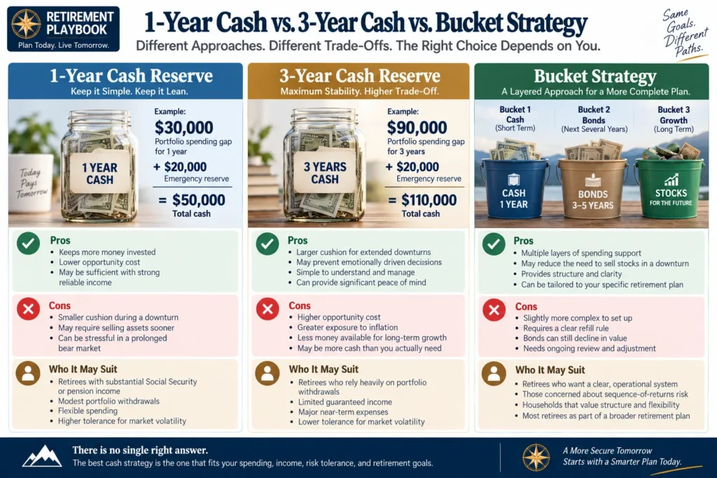 Comparison of 1-year cash, 3-year cash, and retirement bucket strategies