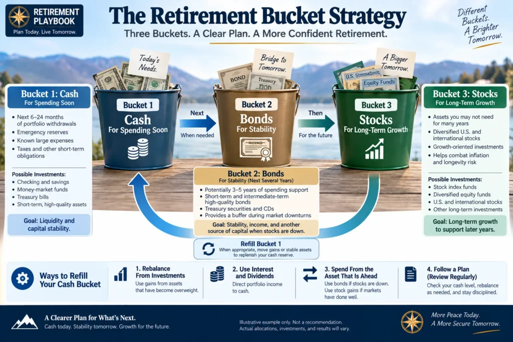 Retirement bucket strategy using cash, bonds, and stocks for different spending horizons