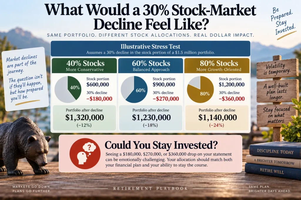 Retirement portfolio stress test comparing 40 60 and 80 percent stock allocations during a 30 percent stock market decline
