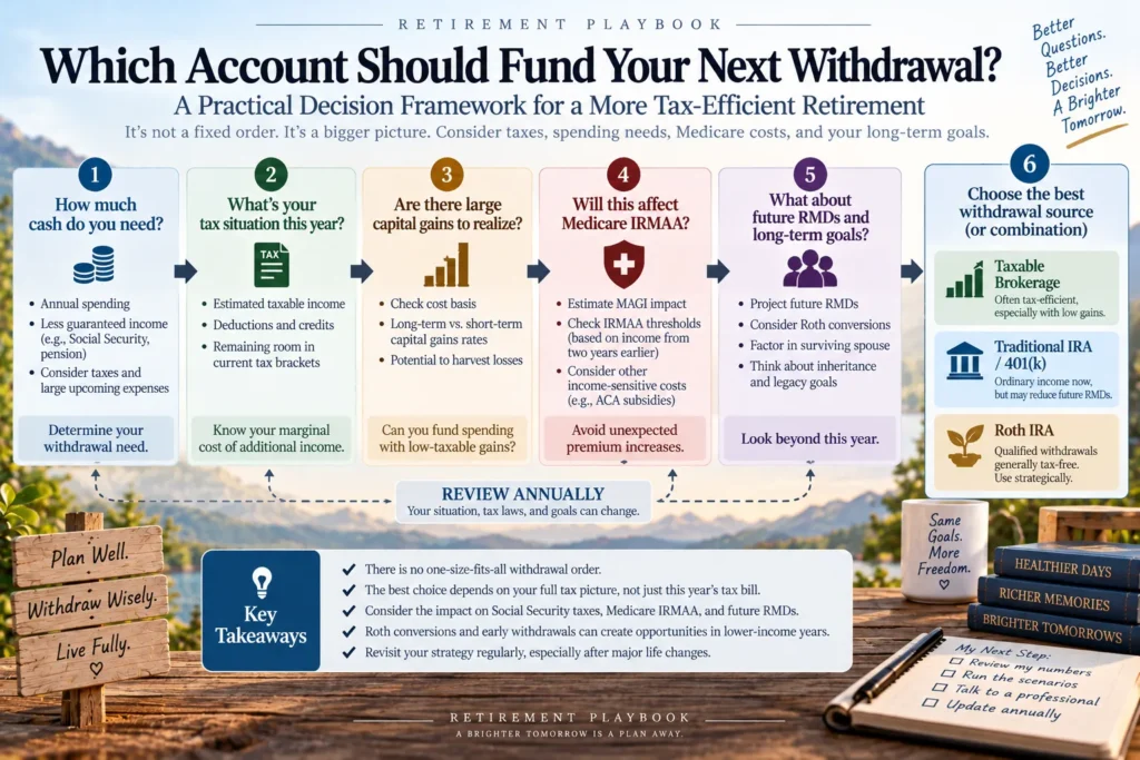 Retirement withdrawal order decision framework comparing taxable brokerage, traditional IRA, and Roth withdrawals using taxes, capital gains, IRMAA, and future RMDs