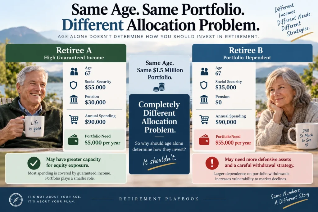 Two retirees the same age with the same portfolio but different retirement income and portfolio withdrawal needs