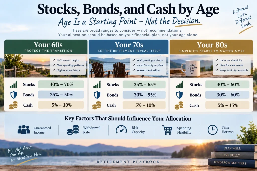 Stocks bonds and cash allocation ranges by age in retirement for people in their 60s 70s and 80s