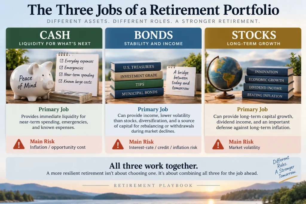 Stocks bonds and cash roles in retirement portfolio allocation for growth stability and liquidity