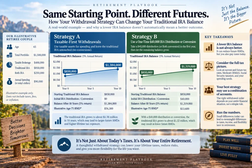 Illustrative retirement withdrawal strategy comparison showing how traditional IRA balances and future RMDs can differ