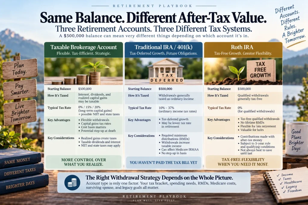 Comparison of taxable brokerage, traditional IRA, and Roth IRA accounts showing different retirement withdrawal tax rules