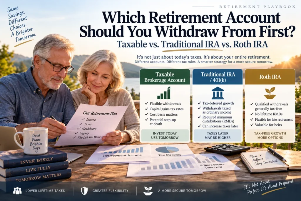Which retirement account should you withdraw from first, comparing taxable brokerage, traditional IRA, and Roth IRA tax strategies
